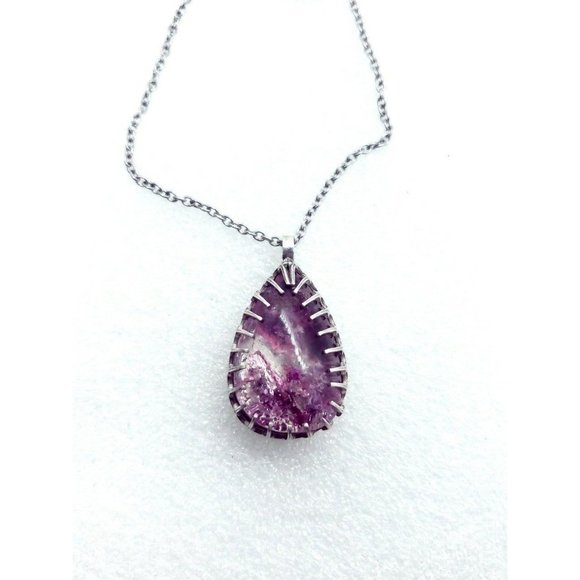 Sterling silver Pink Lodolite Ghost Quartz Crystal Necklace Handmade gothic .925 - Picture 7 of 12